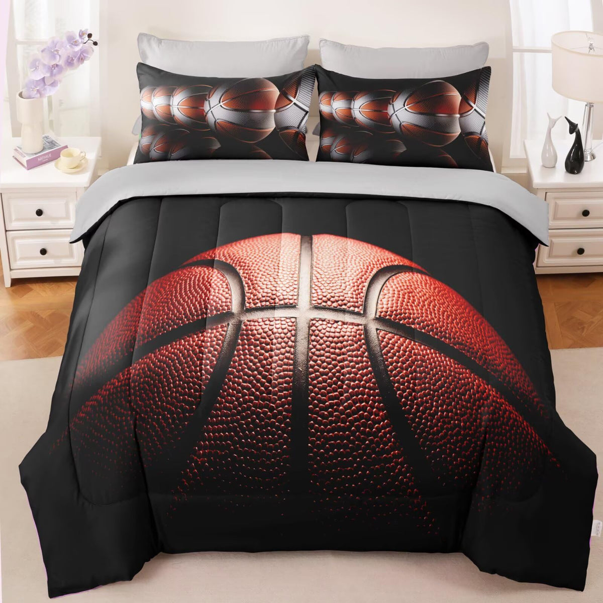 GRAT TIOC Teens Boys Sports Comforter Set Twin,Basketball Bedding Set for Kids,Sports Orange Basketball Comforter Sets,Black Teenage Boy Bedroom Bed Set 3 Pieces with Pillowcases