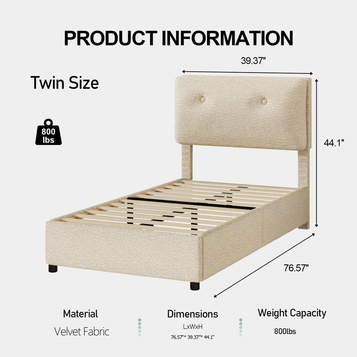 CHABUILDREARK Twin Bed Frames, Boucle Upholstered Platform Bed Frame with Soft Headboard, Wooden Slats Support, Low Profile Bed Frame, No Box Spring Needed, Easy Assembly, Cloud Bed Frames, Cream