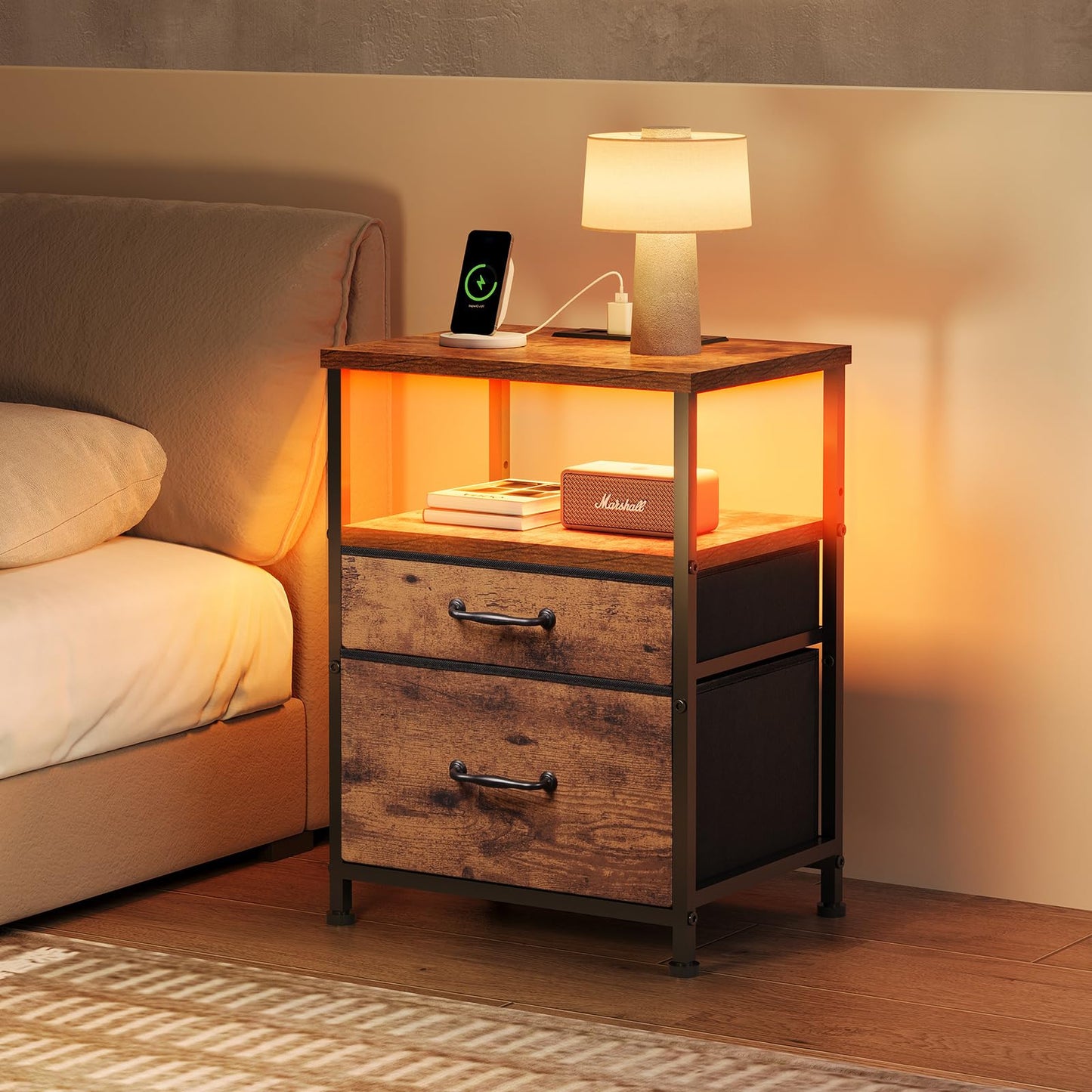 YeTom Nightstand with Charging Station Set of 2, LED Night Stand with 2 Fabric Drawers, Side Table with Open Shelf, End Table with Steel Frame, 2 Drawer Dresser for Bedroom, Brown