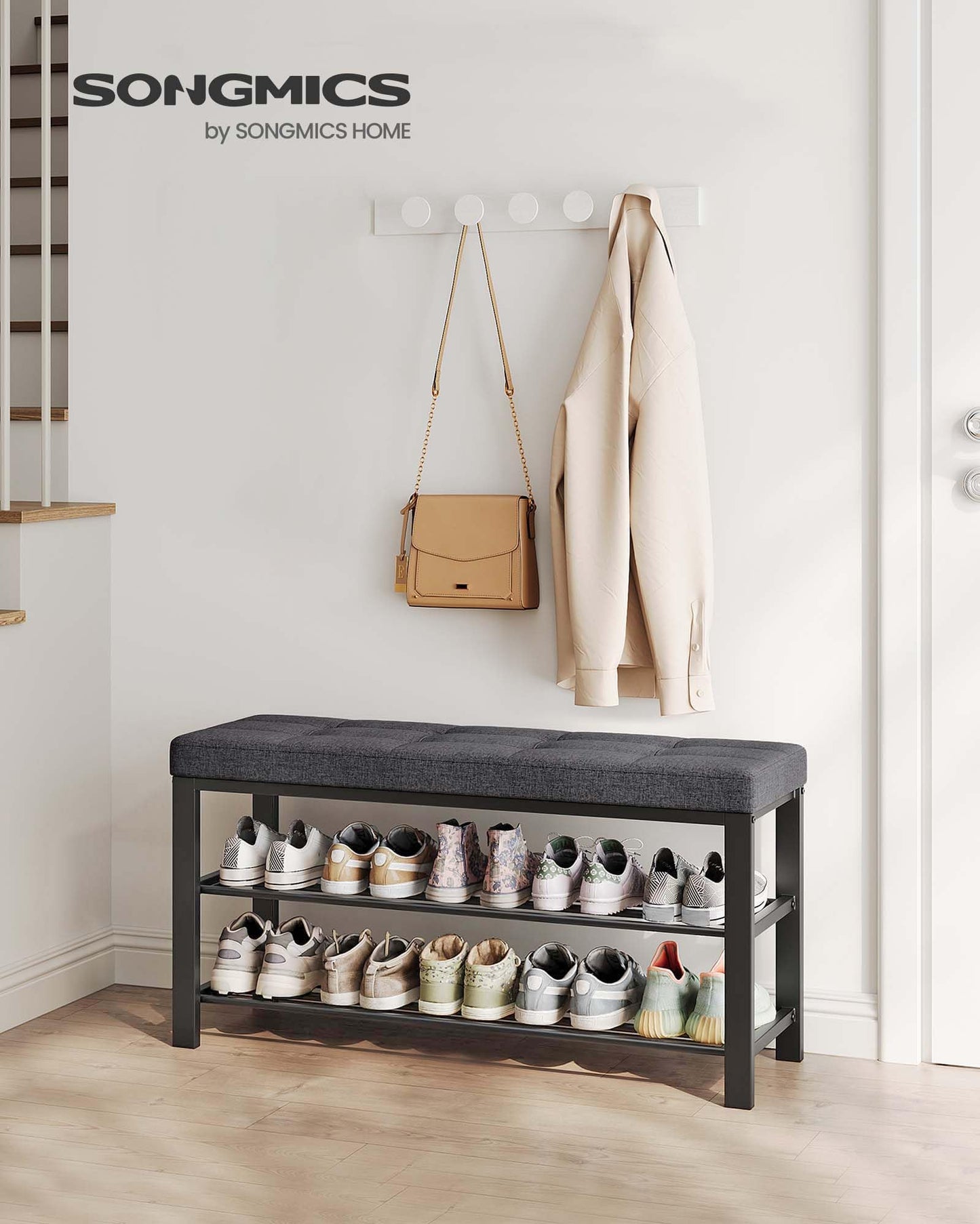SONGMICS Shoe Bench, Storage Bench, Entryway Bench with Cushion, Shoe Shelf with Seat, Space-Saving, Modern Style, for Living Room, Bedroom, Hallway, Dark Gray and Ink Black ULBS579B33