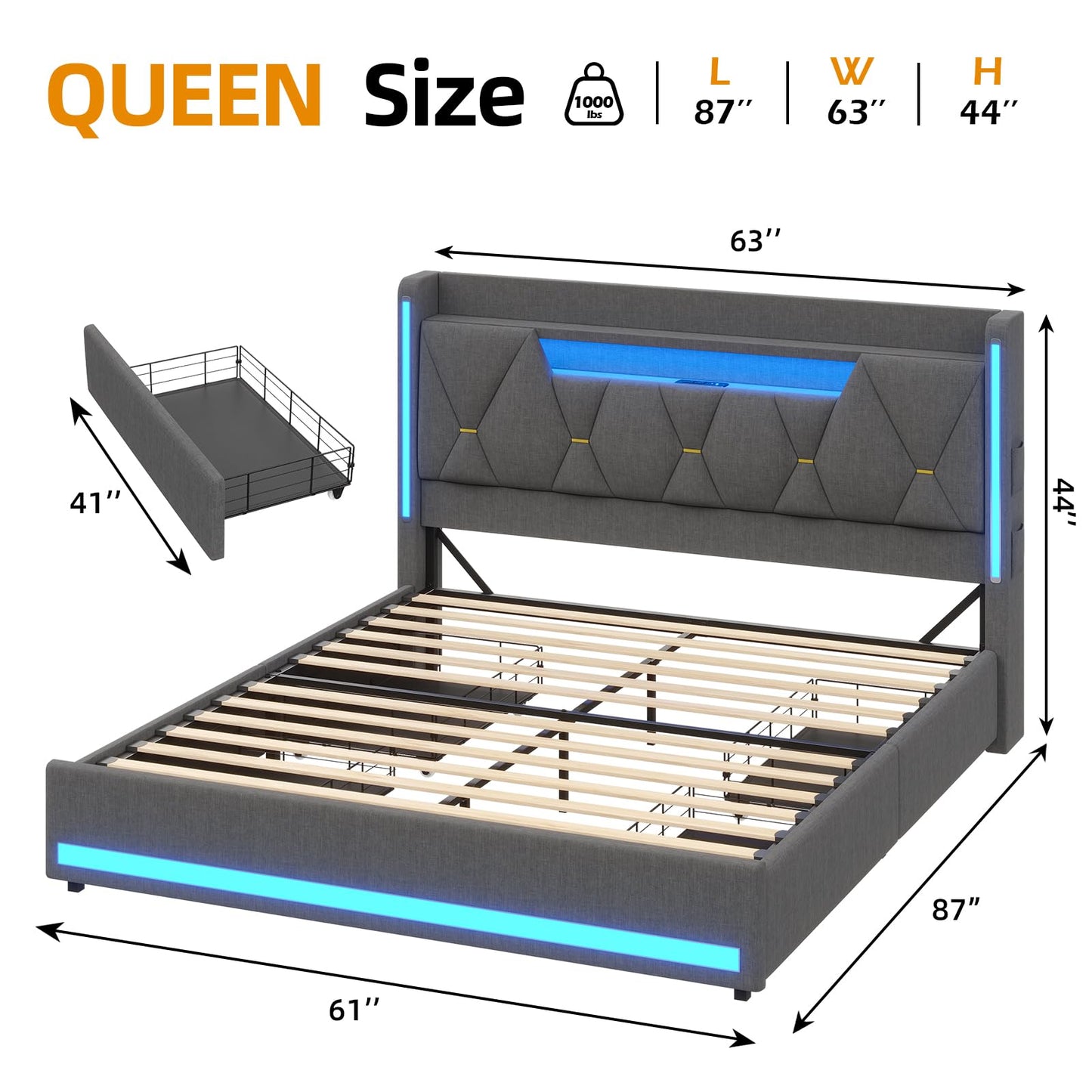 busyaeh Queen Size Bed Frame with 4 Drawers,Light up Bed Frame with Headboard and Storage, Metal Queen Platform Storage Queen Bed with Charging Station, No Box Springs Needed, Easy Assembly,Dark Gray