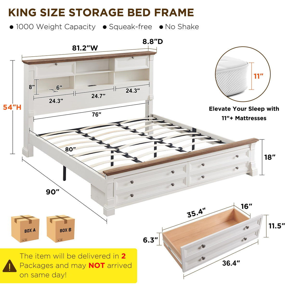 Farmhouse King Size Bed Frame with 54" Tall Headboard, Wood Platform Bed Frame with 18" Tall Roman Column Decoration Footboard & 2 Large Storage Drawers, No Box Spring Needed(Antique White)