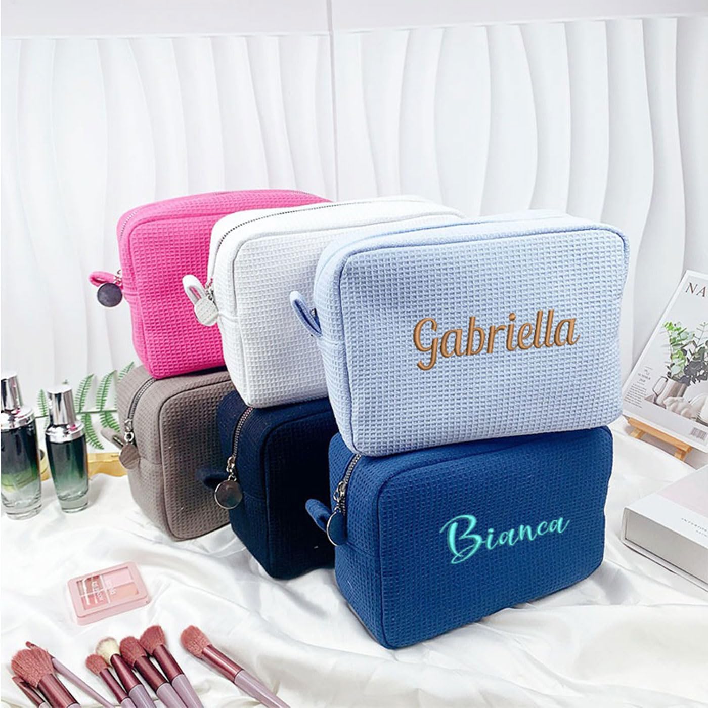 GOPHIE Personalized Embroidered Makeup Bag,Custom Waffle Fabric Cosmetic Pouch for Women, Travel Makeup Pouch (6, Black)