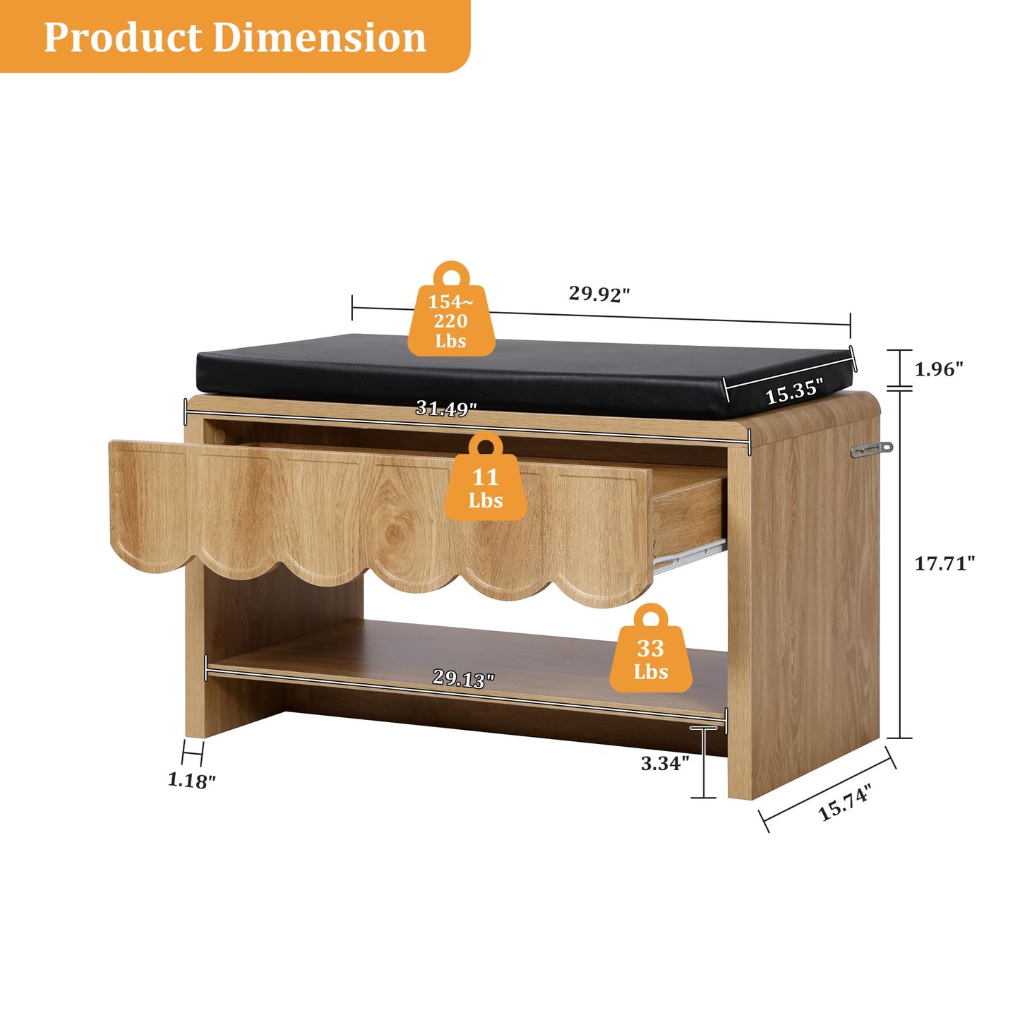 Shoe Storage Bench with Cushion, Shoe Rack Organizer Cabinet Bench with Wave Panel Drawer and Open Shelf for Entryway, Hallway, Living Room (Natural)
