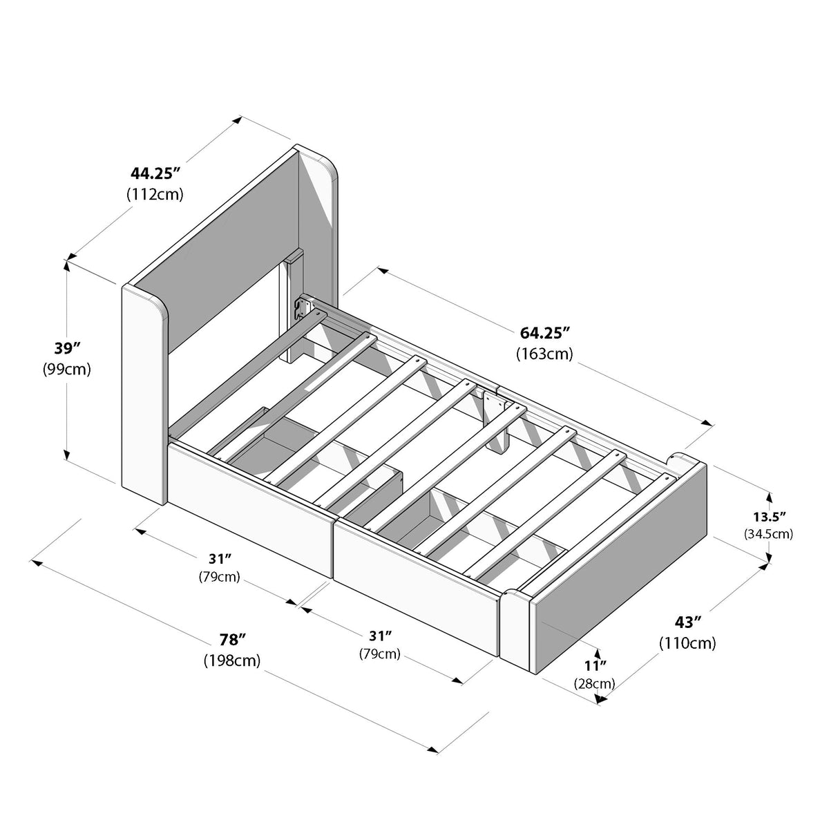 Plank+Beam Upholstered Twin Bed Frame with Rectangular Headboard and Two Storage Drawers, Upholstered Platform Bed, No Box Spring Needed, Easy Assembly, Cream