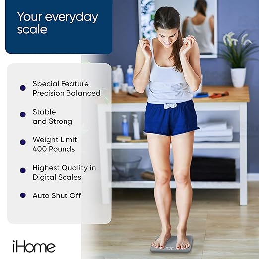 iHome Digital Scale, Bathroom Scale, Batteries Included, Scale Body Weight, Weight Scale, Digital Scale, Bathroom Scales for Weight, Digital Scales for Body Weight, Weight Scales Bathroom (Grey)