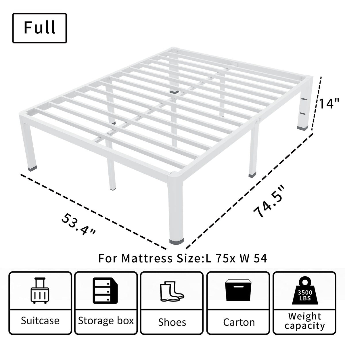 ROIL 14 Inch White Full Size Bed Frame with Rounded Corner and Headboard Hole Mattress Retainers 3500LBS Heavy Duty Steel Slats No Box Spring Needed Platform Noise-Free Easy Assembly