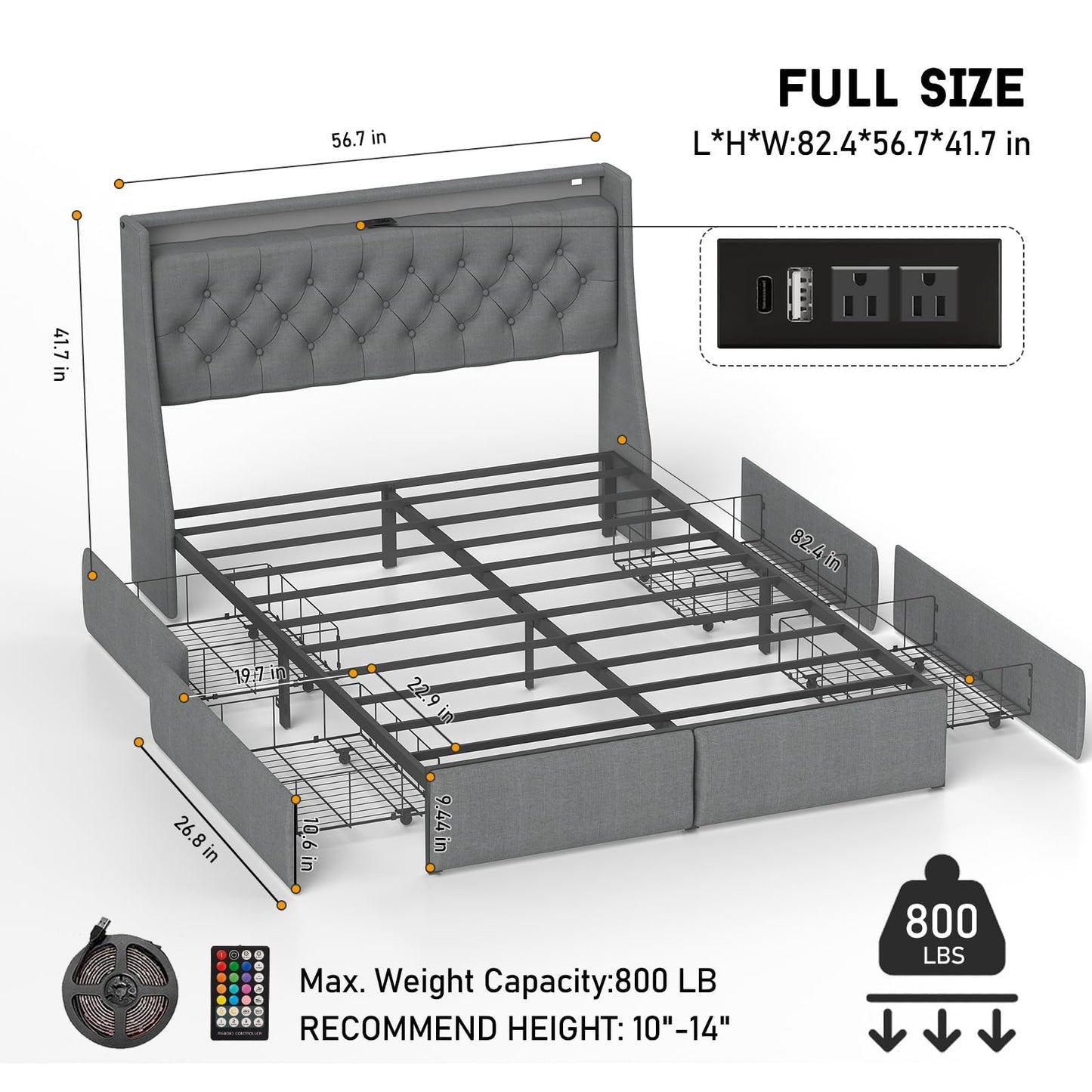 UINTAI Full Size Bed Frame with 4 Storage Drawers and LED Lights, Upholstered Platform Full Bed with Button Tufted Headboard and Charging Station, No Box Spring Needed, Easy Assembly, Gray