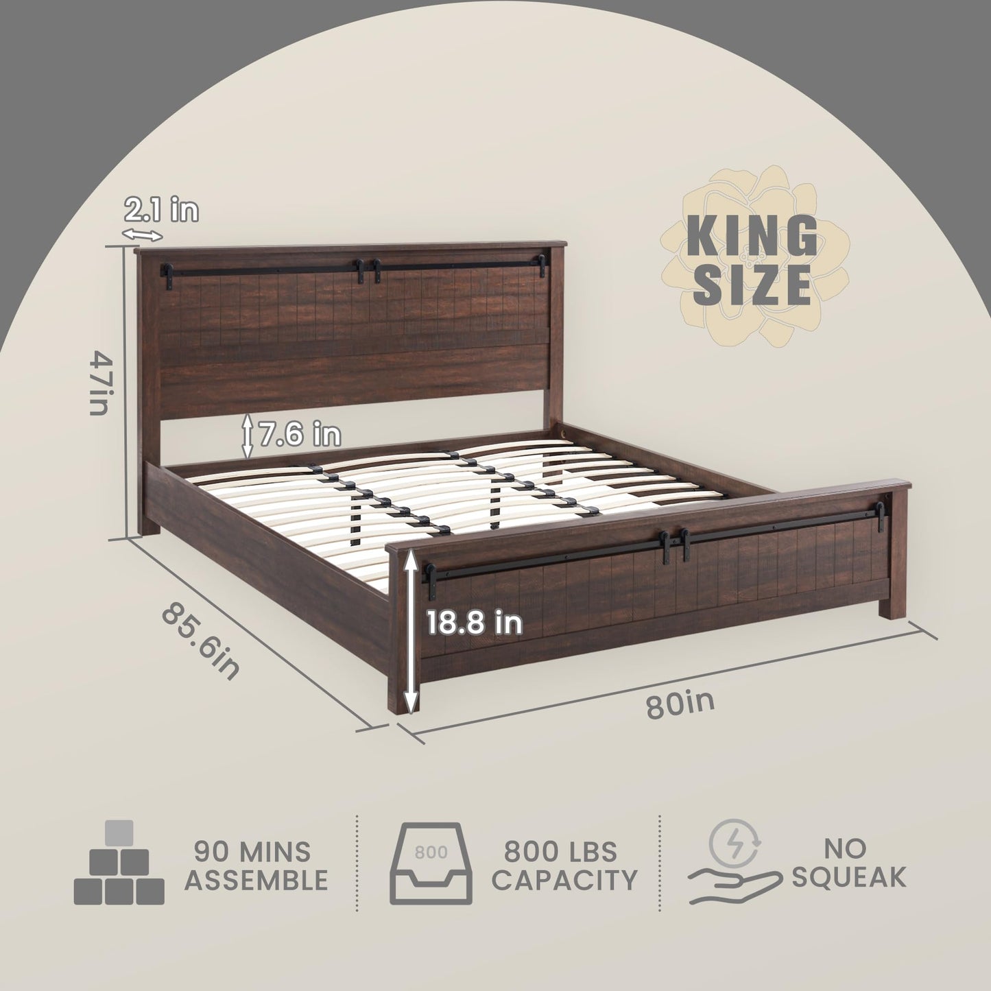 IFGET Farmhouse King Size Bed Frame with 47" Headboard, Wood Bed Frame with Groove Sliding Barn Door Footboard, Platform Bed with Wood Slats Support, No Box Spring Needed (Brown)