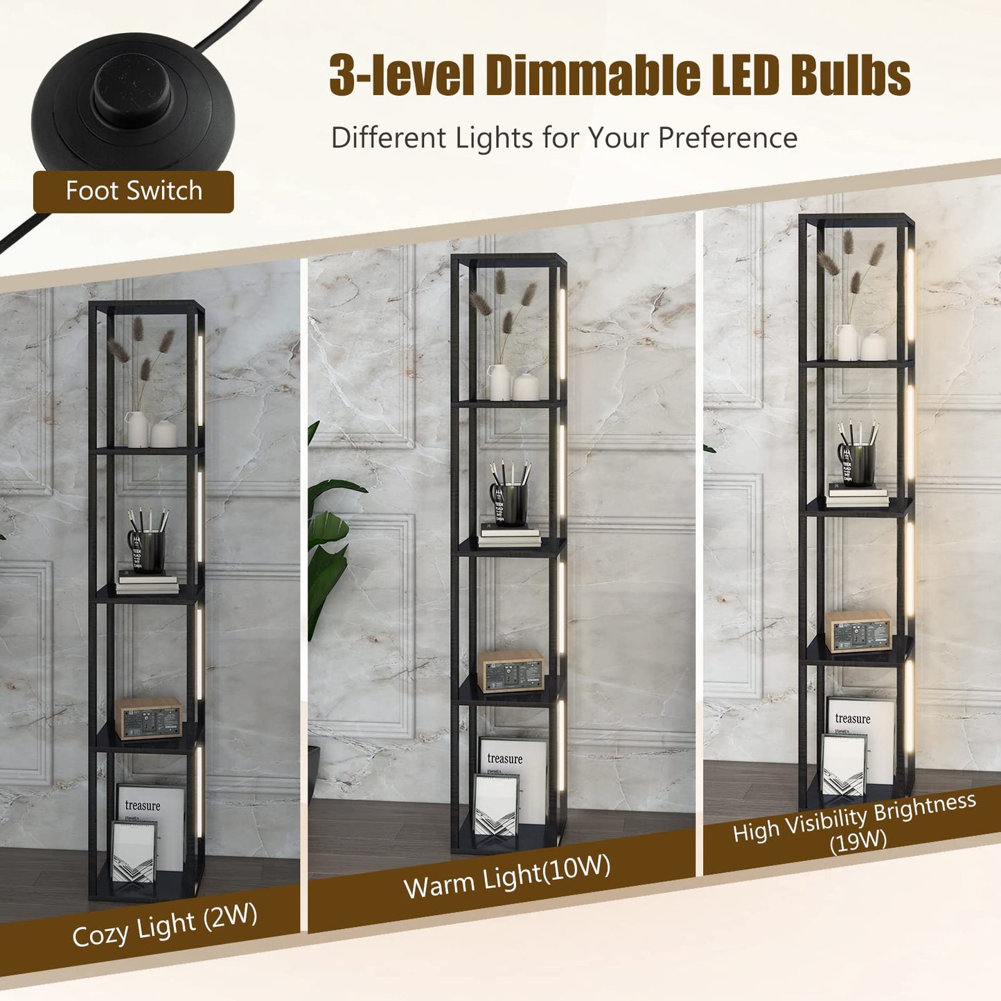 Tall Floor Lamp with Shelves, 3-Level Dimmable LED Light, Rotatable Poles, Foot Switch, 4-Tier Reading for Living Room, Bedroom, Office Decor