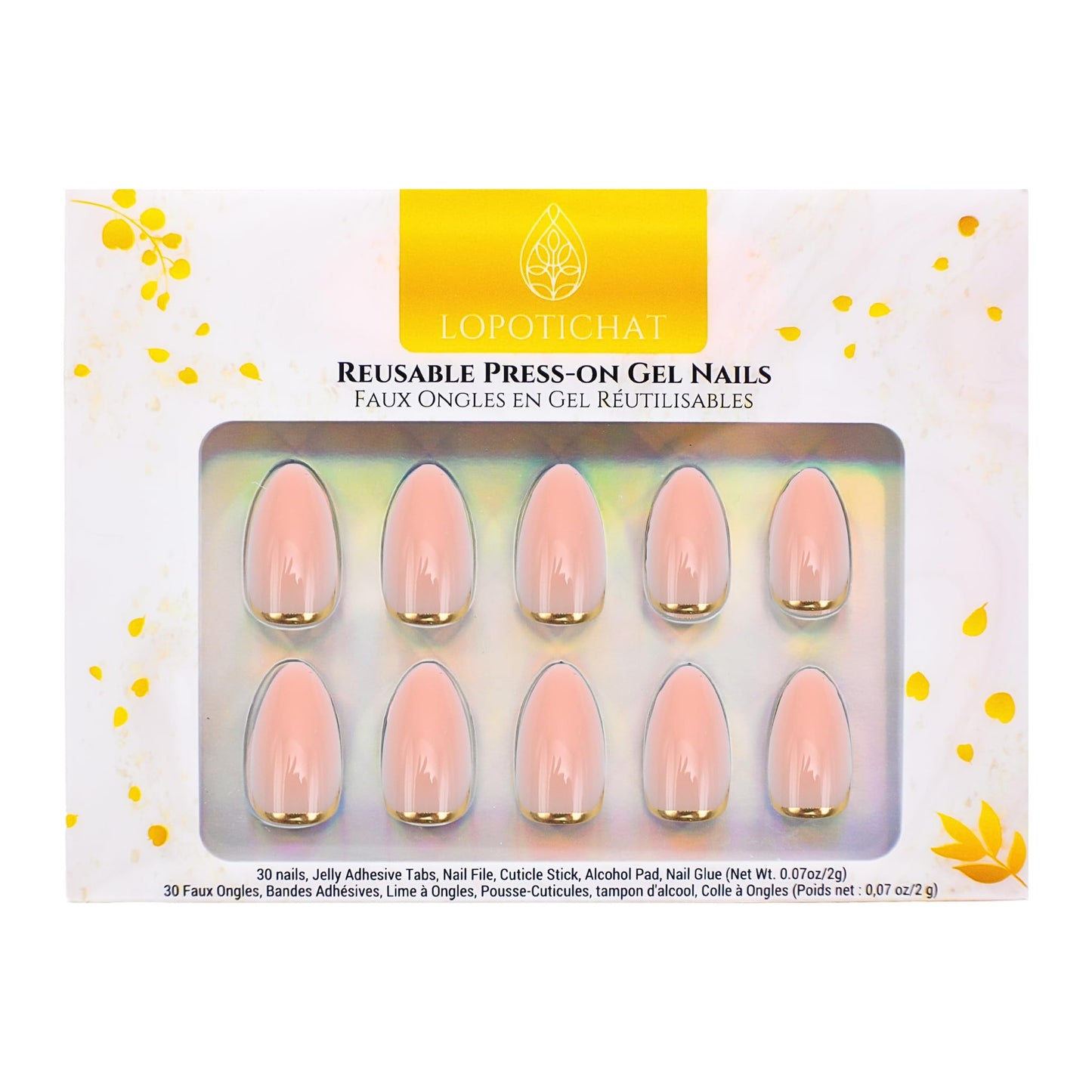 Lopotichat Ultra-Resistant Gel Press-On Nails Set - 30 Nails in 15 Sizes for Perfect & Natural Fit - Reusable Manicure for DIY Salon-Quality Nails at Home (Croissant Doré)