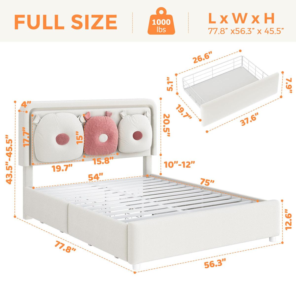 Full Boucle Upholstered LED Bed Frame with Storage Drawer and Adjustable Chic Double Arc Headboard, Princess Platform Cloud Bed with Backrest, Heavy Duty Metal Support, No Box Spring Needed, White