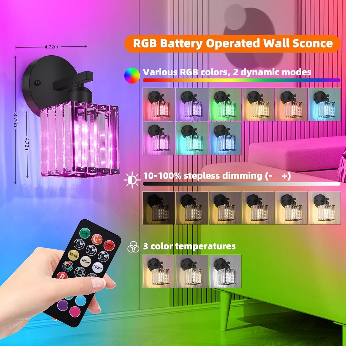 ZAUKNYA Battery Operated Wall Sconces Set of 2, Rechargeable Wireless Sconces with Remote Dimmable 12 Colors Crystal Battery Wall Sconce Set of Two for Bedroom Living Room Hallway (Black)