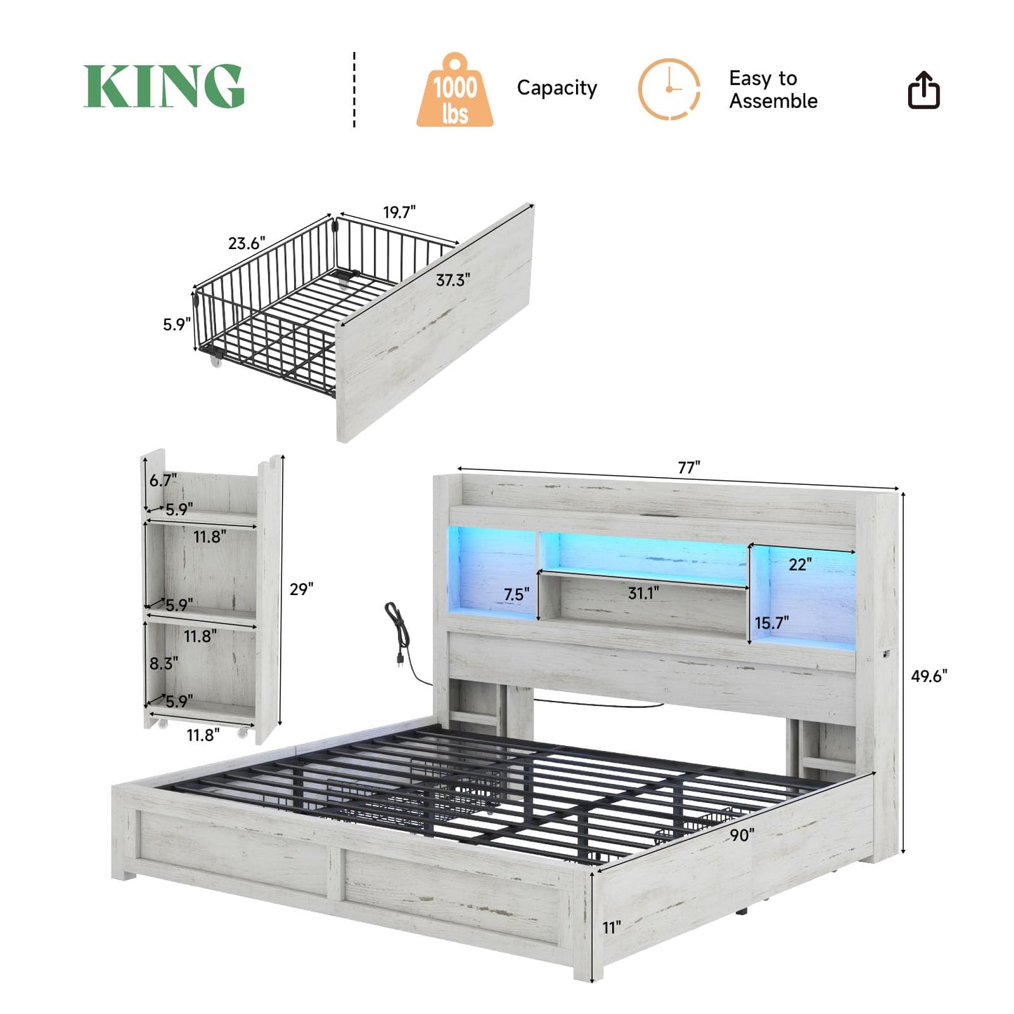 AMERLIFE King Bed Frame with 4 Storage Drawers, LED Bed Frame with 49.6" Tall Bookcase Headboard, Wood Platform Bed with 2 Slide Bedside Shelf & Charging Station, No Box Spring Needed/Distressed White