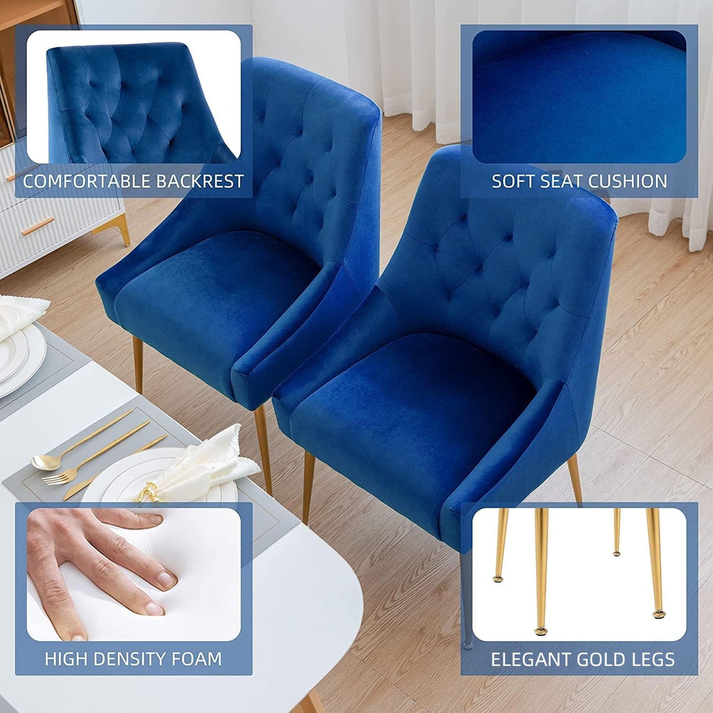 LONXIU Modern Dining Chair Set of 4, Mid-Century Room Chair, Upholstered Comfortable Velvet with Back Pull Rod and Metal Legs for Kitchen, Dining, Living (Blue) (DYXSD)