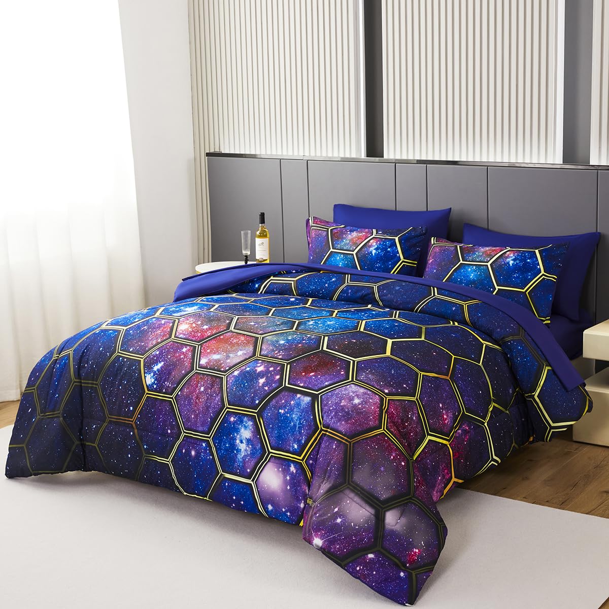ZSYAYAHA Purple Space Bedding Set Kids Twin Bed Set for Boys Blue Galaxy Comforter Sets for Girls Soft Fluffy 7 Pieces Bed in A Bag Set with Sheets(Space Blue, Twin)