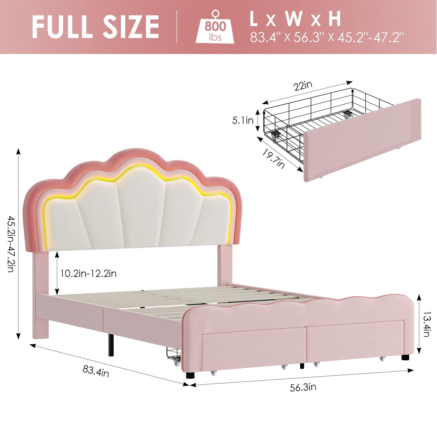 HOSTACK Full Upholstered LED Bed Frame with Storage Drawers, Cute Girls Bed with Adjustable Lotus Headboard, Velvet Princess Platform Bed Frame, Wooden Slats Support, No Box Spring Needed, Pink/Beige