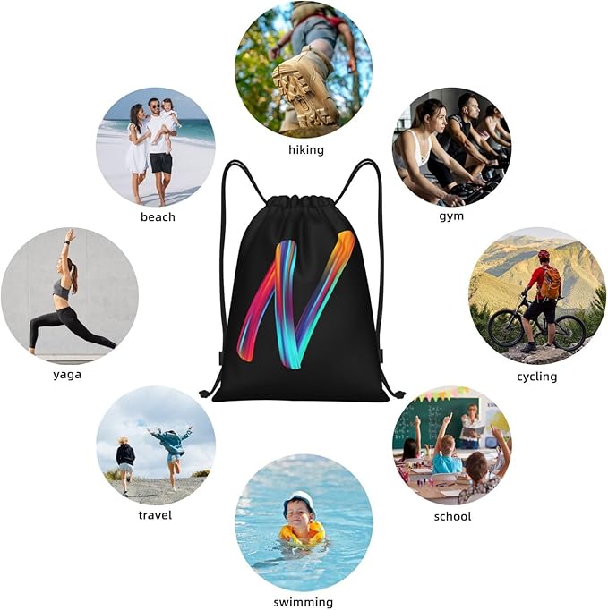 Drawstring Bags Initial Drawstring Backpack Sackpack Black Draw String Cinch Bags for Sports, Gym, Travel, Swimming, Beach, Camping, Rainbow Letter N