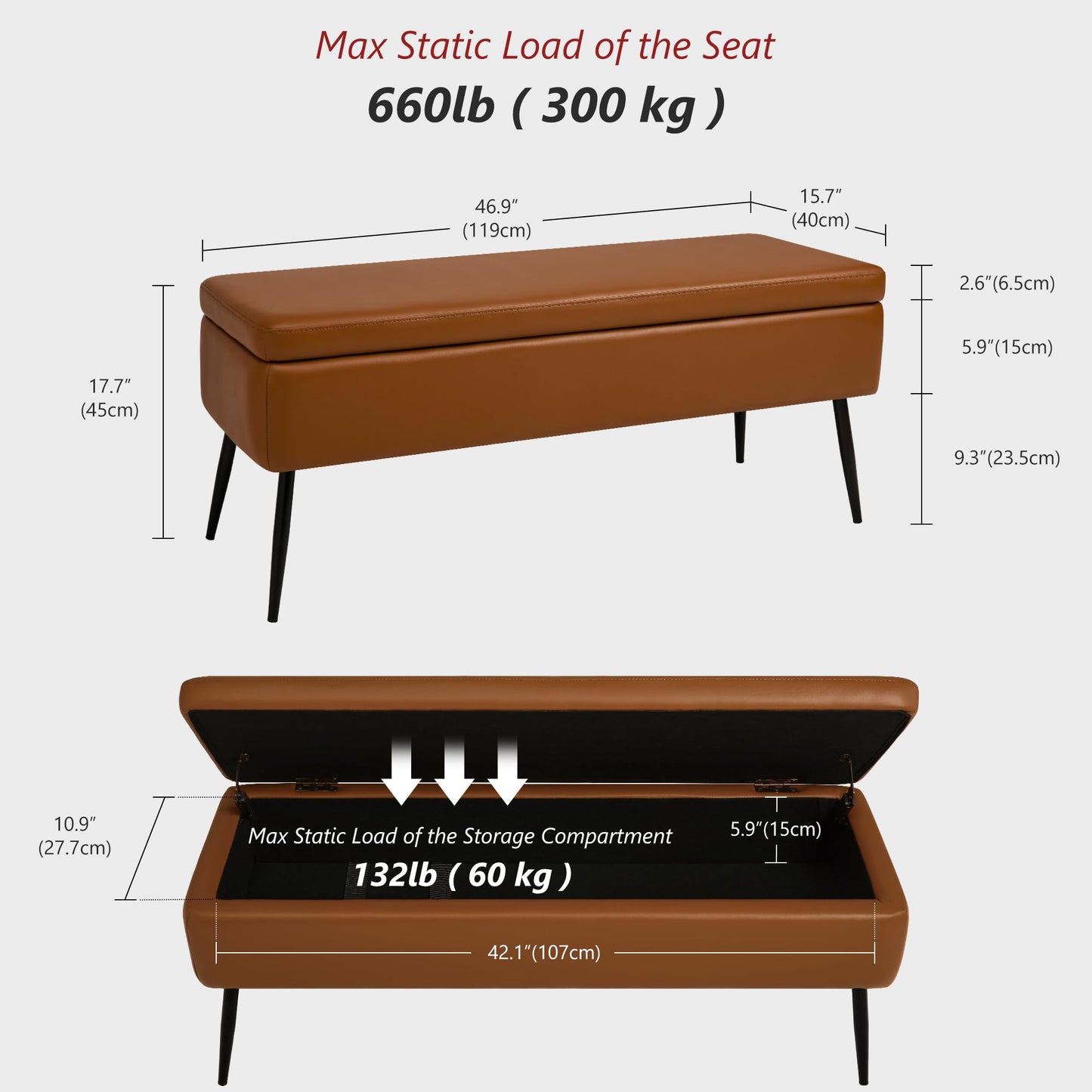 kinmars Leather Storage Ottoman Bench,End of Bed Bench for Living Room Bedroom Dinning Room Entryway,Mid-Century Modern,Faux Leather,with Steel Legs,Safety Hinges,Loads 660 lb (Without Button, Brown)