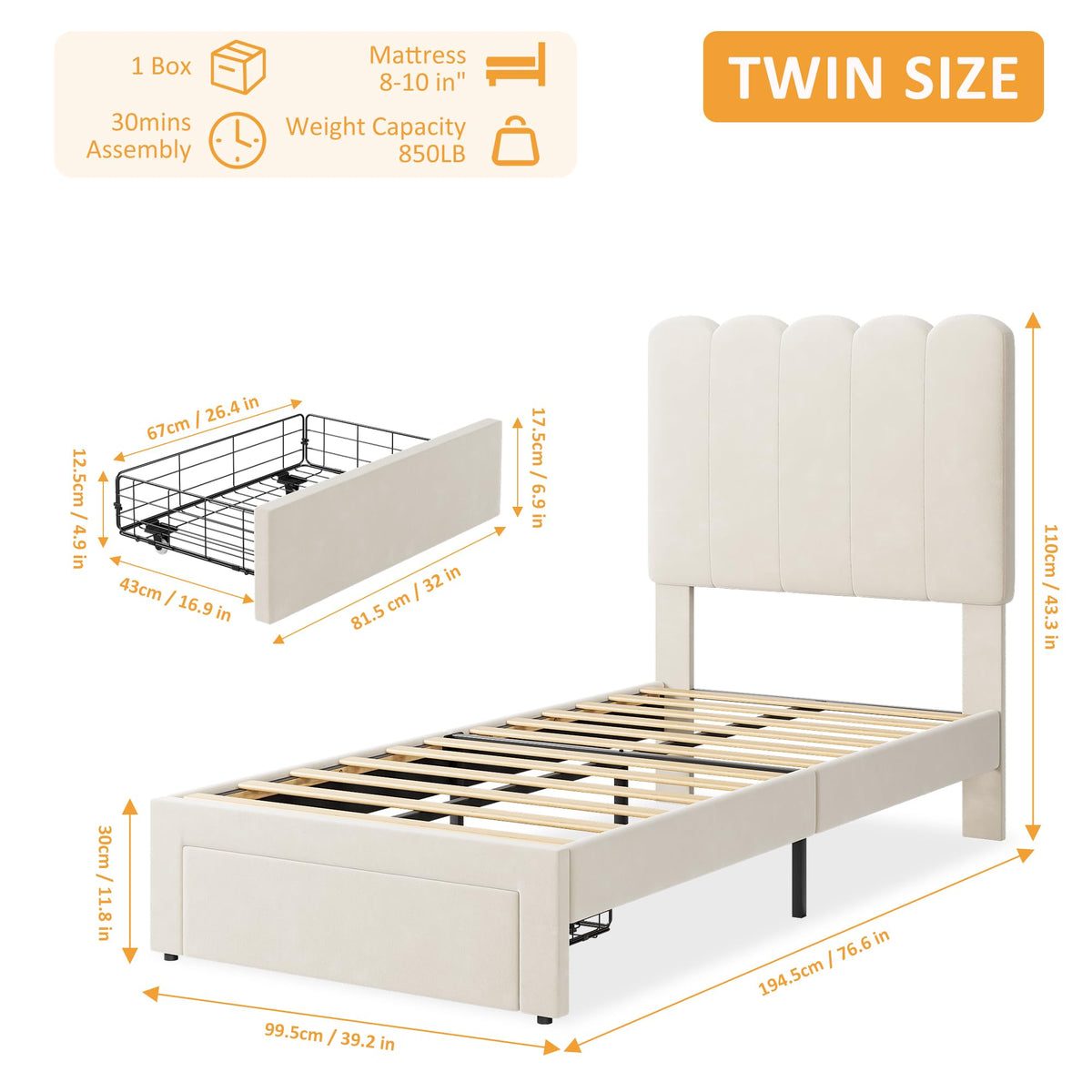 GarveeHome 2 Sets Twin Bed Frame with Under-Bed Drawer, Upholstered Platform Bed with Wave Headboard for Kids/Girls, Wooden Slats Support, No Box Spring Needed, Velvet Beige