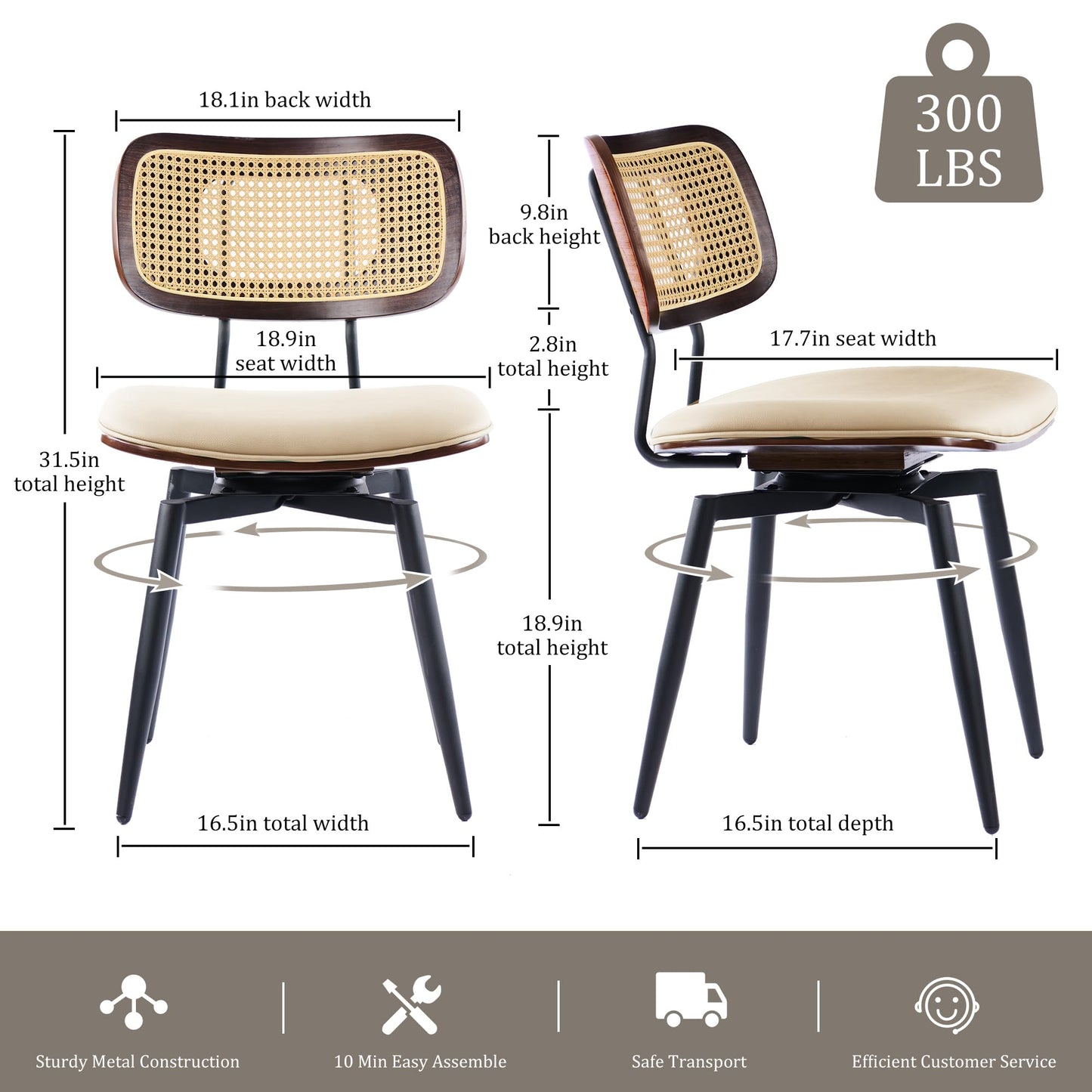 Quenvo Swivel Dining Chairs with Rattan Back, Rattan Leather Dining Chairs with Swivel Metal Legs, Mid-Century Modern Synthetic Leather Upholstered Kitchen Chair, Set of 4, Beige