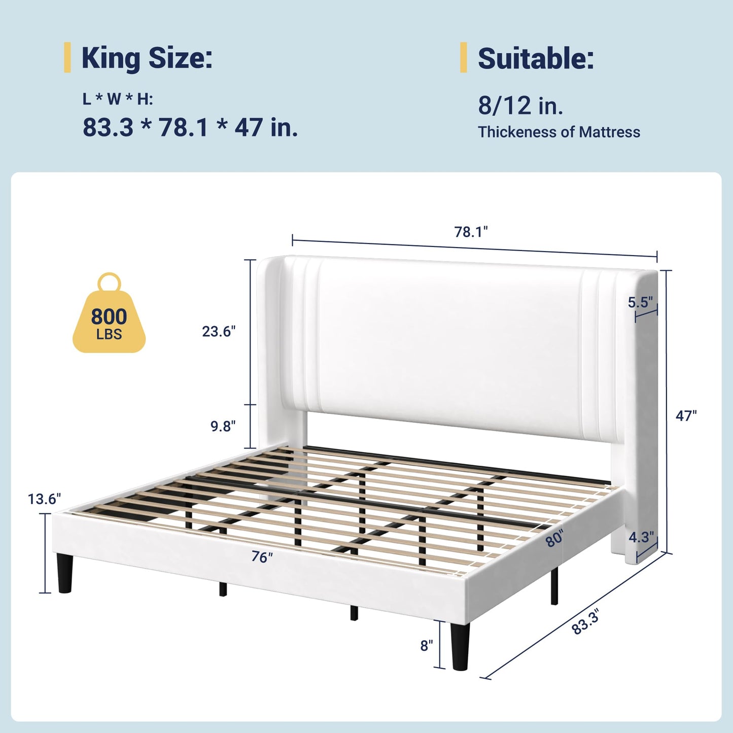 Allewie King Size Velvet Platform Bed Frame with Vertical Tufted Wingback Headboard, Easy Assembly, Under Bed Storage, No Box Spring Required, Modern Style, White