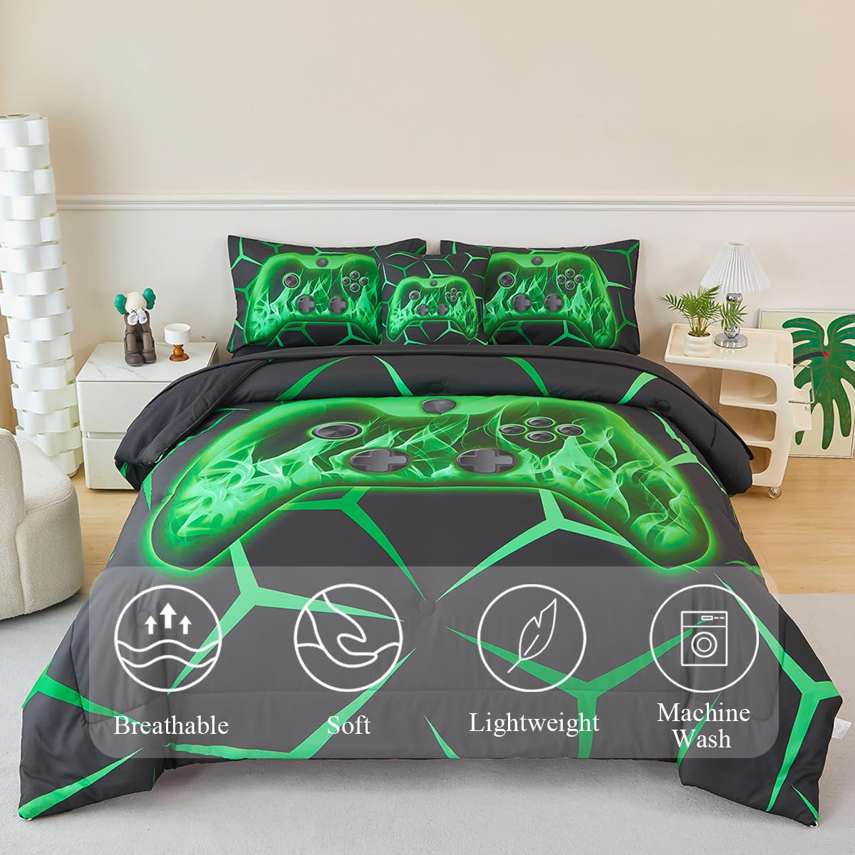 ZSYAYAHA Twin Bed Set for Boys Black and Green Gaming Comforter Set Kids Gamer Bedding Set for Teenage Girls Soft Lightweight 6 Pieces Geometric Bed in A Bag with Sheets(Green, Twin)