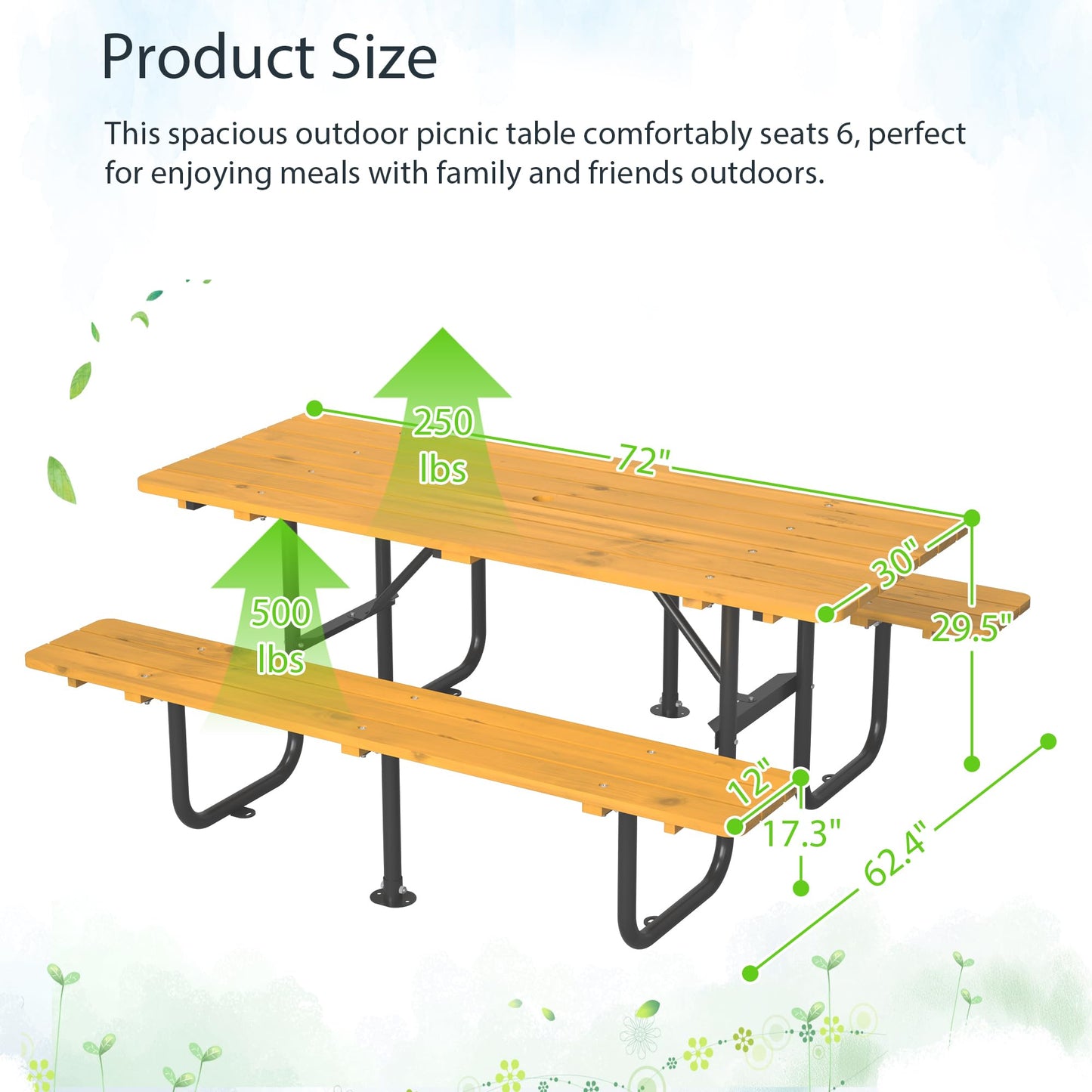 Outdoor Picnic Table with Benches, 6 - Person Picnic Table, Wooden Patio Dining Set, 1.97'' Umbrella Hole, Waterproof and Rounded Corners Design for Backyard, Garden, Park, Restaurant, Picnic, Yellow