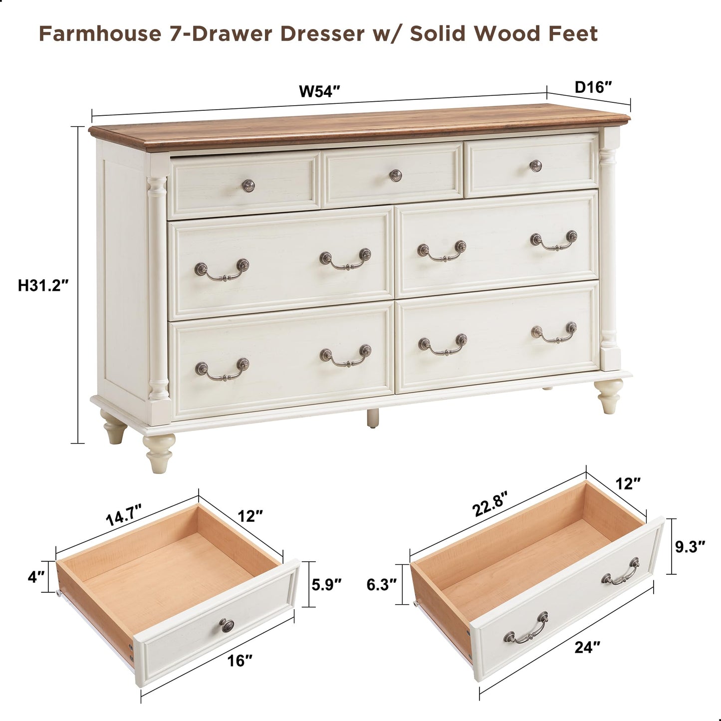 T4TREAM Farmhouse 7 Drawers Dresser Chests for Bedroom w/ 4 Solid Wood Feet & Column Decor, Tall Wide Wood Country Rustic Chest of Drawers, Storage Dressers for Bedroom, Living Room, Antique White