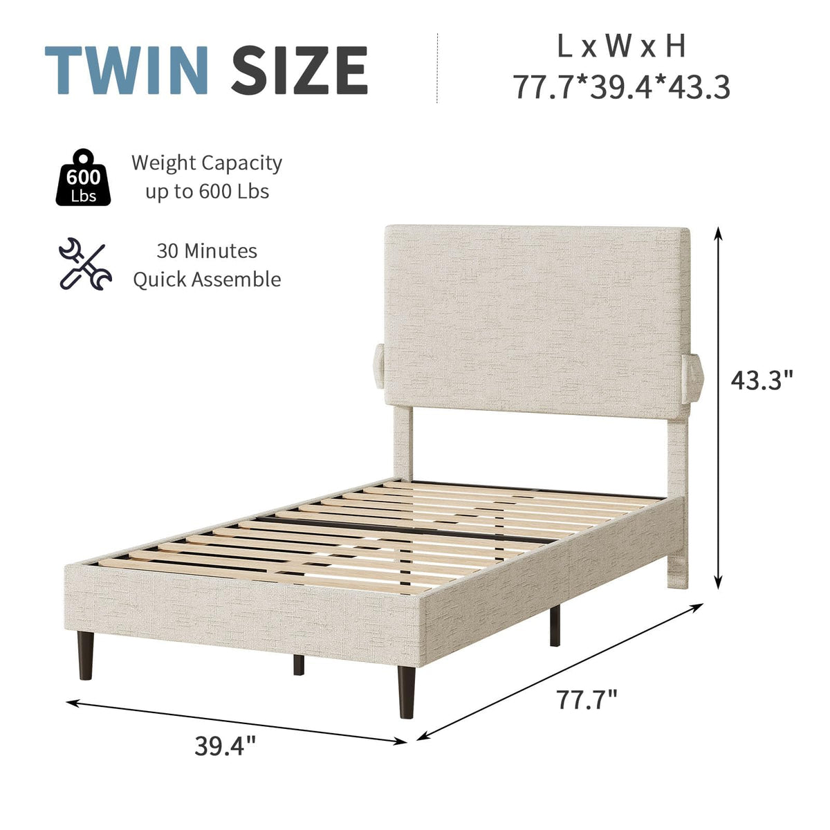 Twin Bed Frame with Headboard, Chenille Fabric Upholstered Platform Bed with Strong Wooden Slats, Kids Twin Bed Frame, No Box Spring Needed, Noise Free, Easy Assembly, White