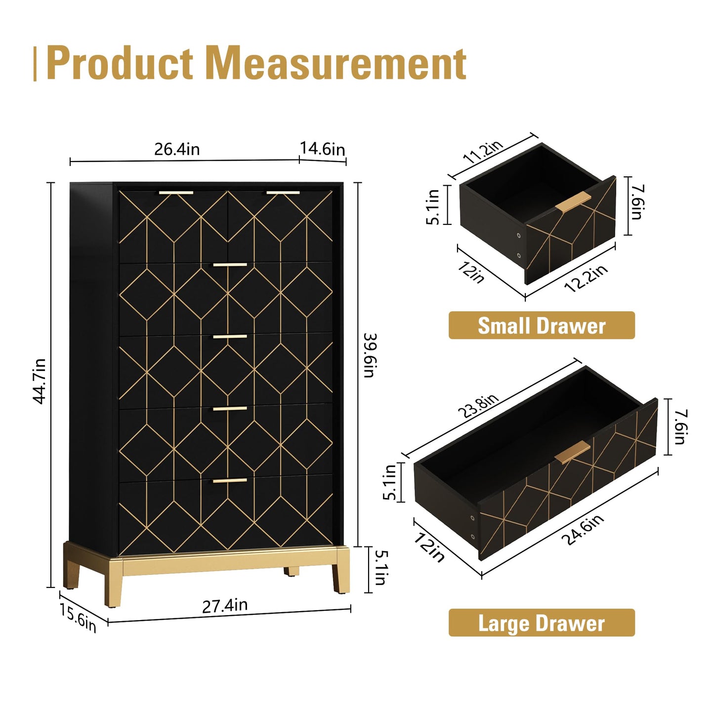 HLR 6 Drawer Dresser for Bedroom,Modern Wood Chest of Drawers with Gold Trim, Tall Dresser Storage Tower, Large Capacity Organizer Unit for Closet, Living Room, Hallway, Entryway,Black