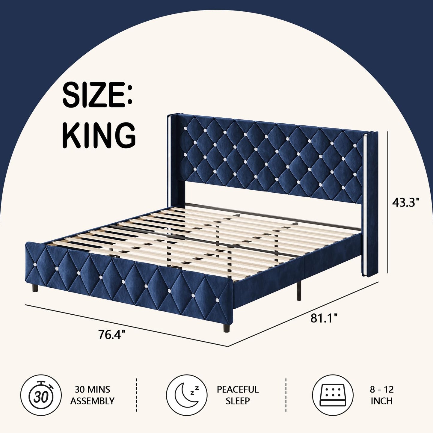 HOMBCK King Bed Frame with Headboard, Velvet Upholstered Bed with Diamond Tufted Design Design, Modern King Size Bed with Wingback, No Box Spring Needed, Easy Assembly, Blue