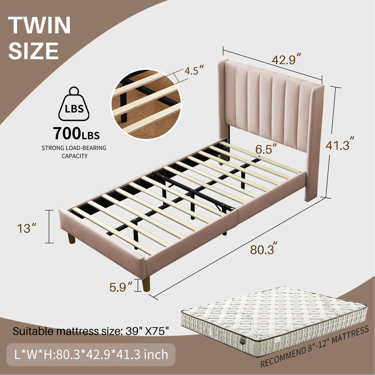 YUHUASHI Twin Size Bed Frame, Upholstered Bed Frame with Modern Geometric Wingback Headboard, Linen Fabric, Platform Bed Frame with Wooden Slats, Easy to Assemble and Noiseless (Beige, Twin)