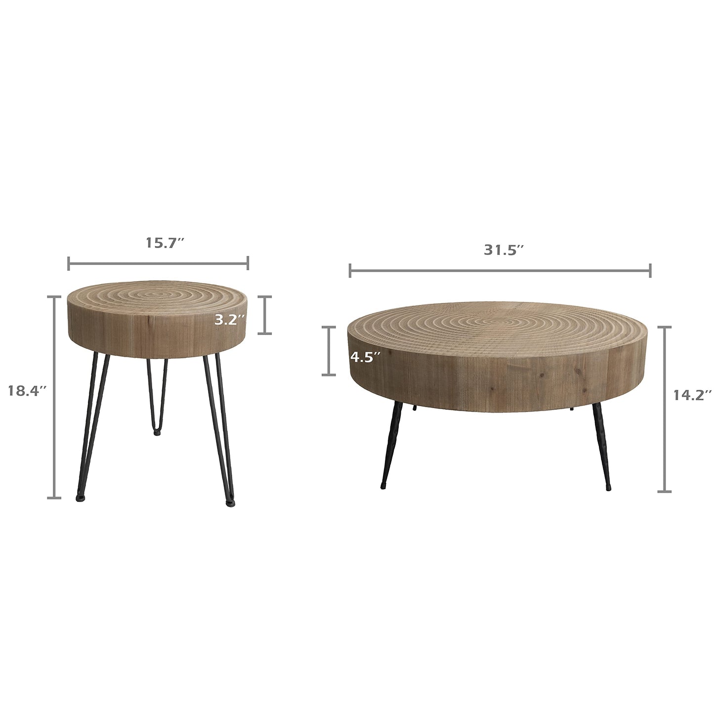 LONYKE 2-Piece Boho Farmhouse Nesting Table with Handcrafted Wood Ring Motif, Round Natural Finish Coffee Table Set for Living Room, French Country Decor, Round