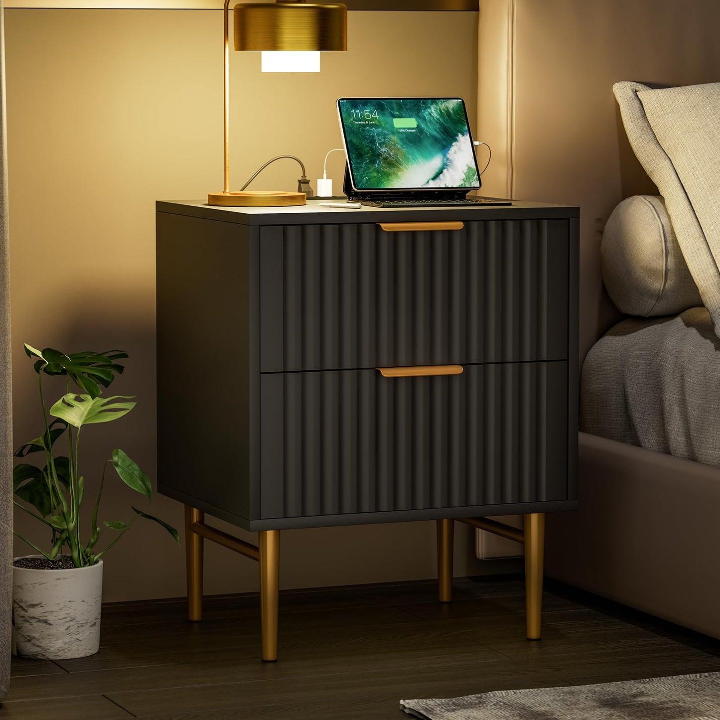 Nightstand with Charging Station, Side Table with 2 Drawers, Fluted End Table with Gold Metal Legs & Handle, Bedside Table with Wide Tabletop, Night Stand with Fluted Panel for Bedroom (2, Black)