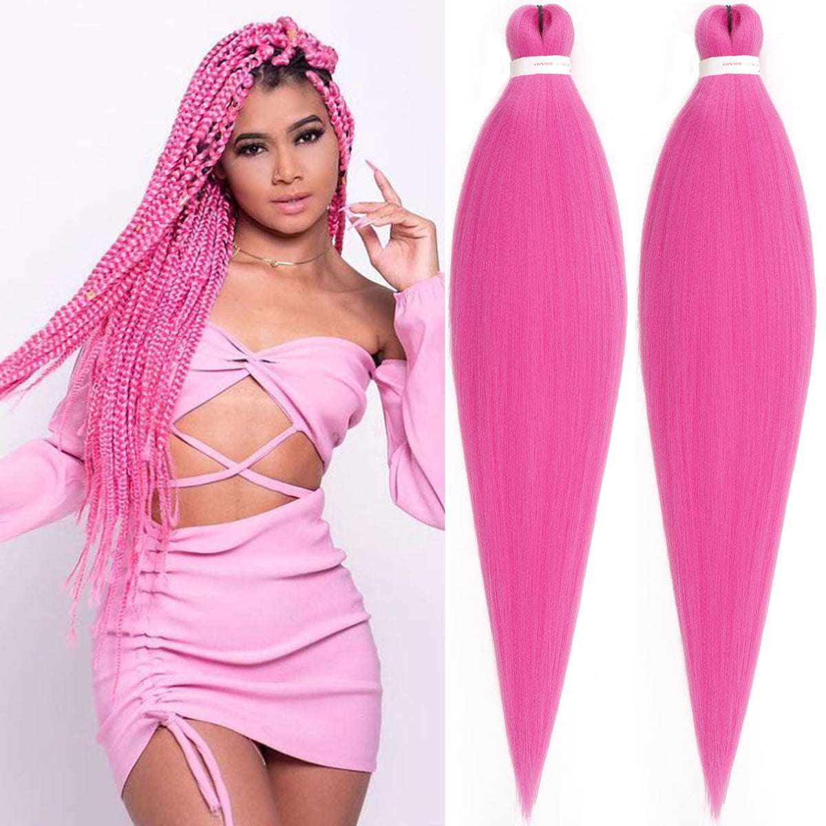 Unionbeauty 2Packs Pre Stretched Braiding Hair 26Inch Rose Pink Braiding Hair Synthetic Braiding Hair Hot Water Setting EZ Braids for Box Braids Yaki Texture Hair Extensions Crochet Braids(Rose Pink#)