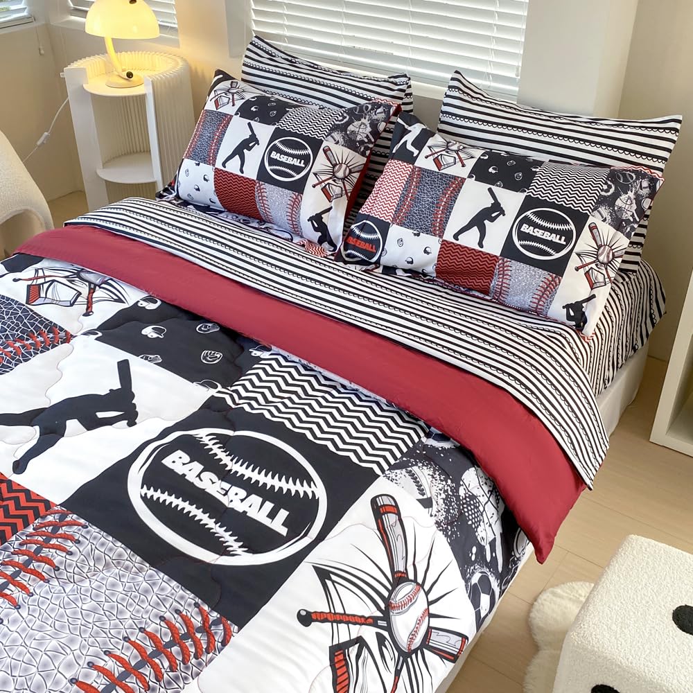 Gusuhome 7 Piece Baseball Comforter Set Bed in A Bag Twin Size 3D Softball Sports Bedding Set for Boys Kids Microfiber Comforter All Season (1 Comforter, 1 Flat Sheet, 1 Fitted Sheet, 4 Pillowcase)