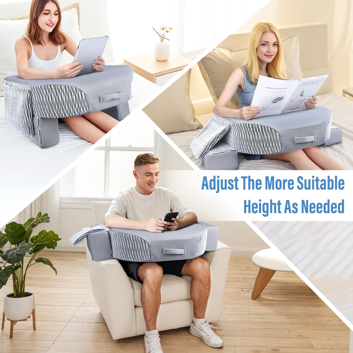 LEBENGURU Reading Pillow for Laptop, Extra Large Armrest Gaming Pillow for Working, Hight Adjustable Lap Desk Pillow for Adult Sitting in Bed, Floor, Sofa(Stripe and Grey)