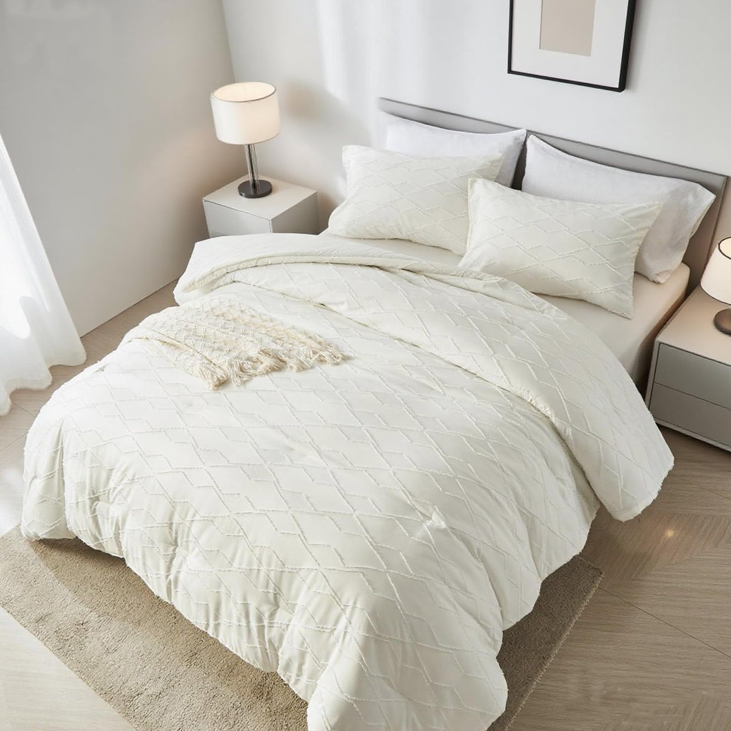 Ellewins King Size Comforter Set 3 Pieces White Tufted Boho Farmhouse Bedding Comforter Sets,Checkered Comforter King Size,Soft Microfiber Comforter Bed Set for All Season(White,102”x90”)