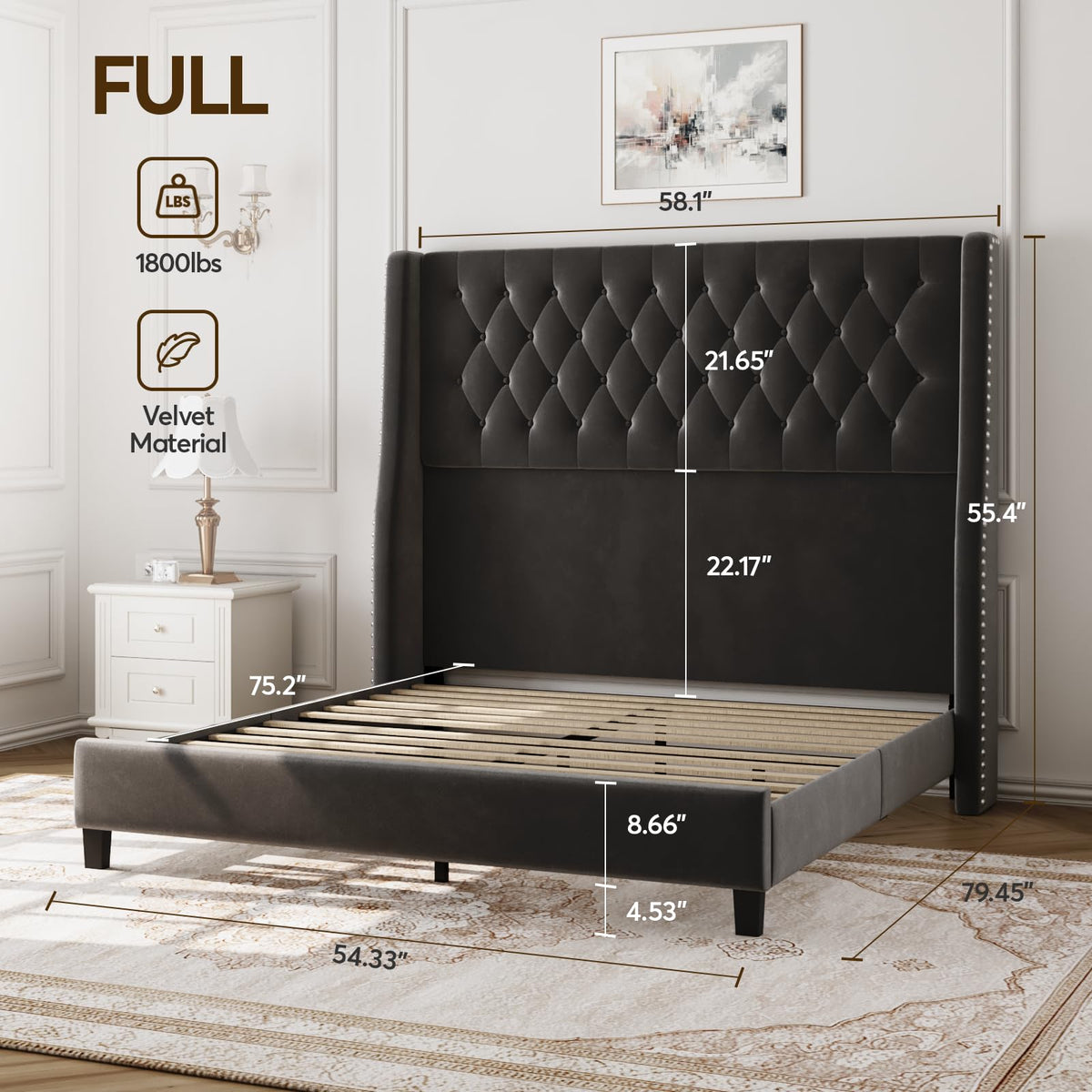 SEREINEY Full Bed Frame with 55" Tall Headboard, Upholstered Bed Frames, Soft Fabric, Button Tufted Headboard with Windback, Platform Bed, Noise-Free, No Box Spring Needed, Grey
