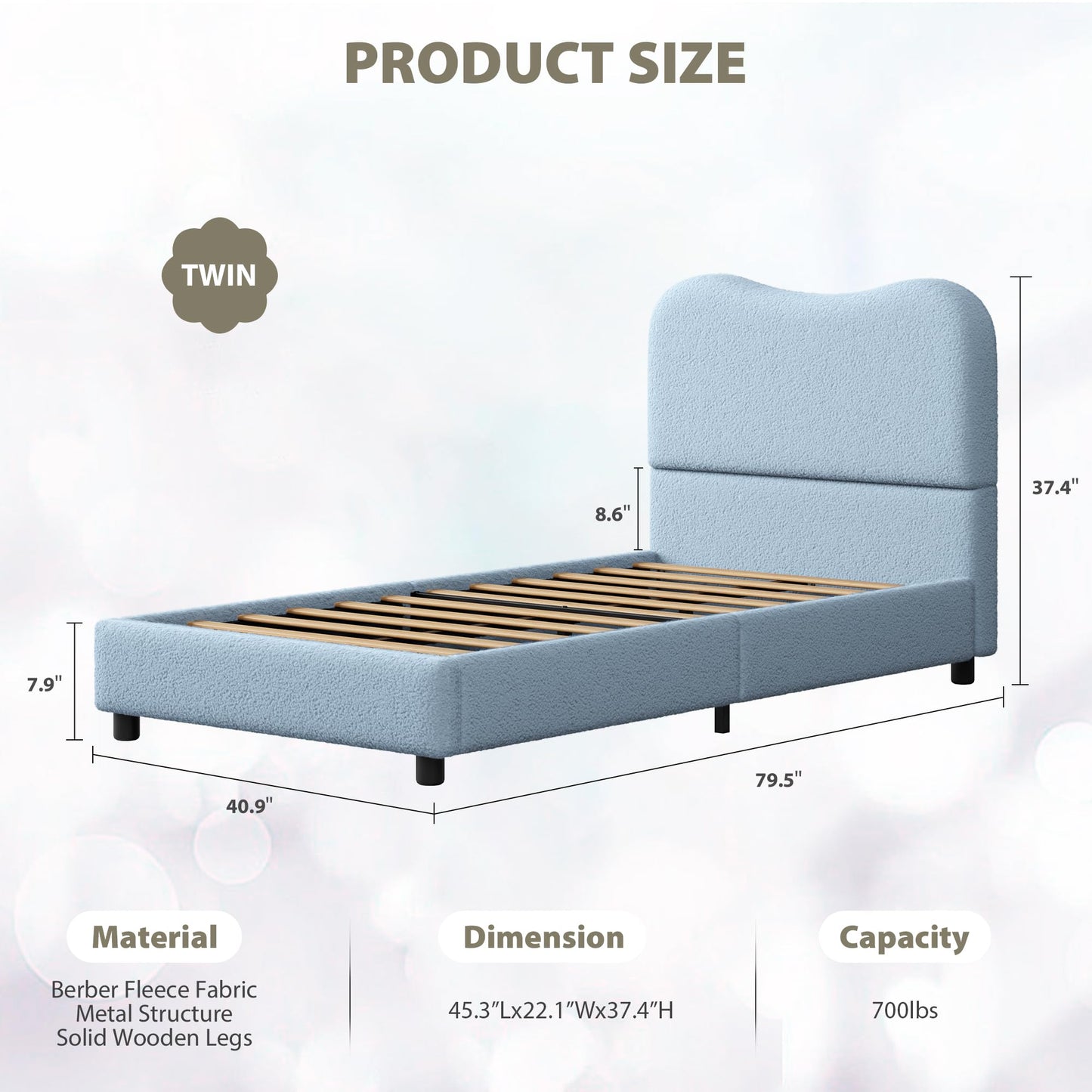 Senfot Blue Twin Kids Bed Frame with Upholstered Headboard, Low Profile Sturdy Platform Bed with Soft Boucle Fabric for Girls and Boys, Heavy Duty, Wooden Slats, Noise Free, No Box Spring Needed
