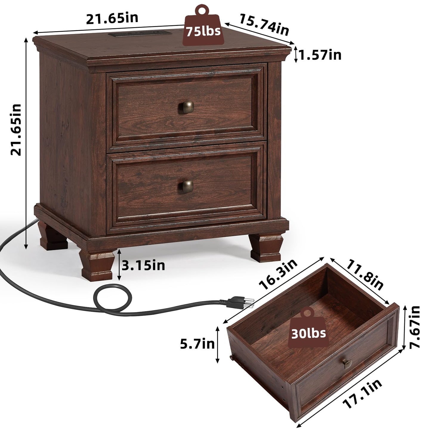 SAVOR LIFE Farmhouse Nightstand with Charging Station, Rustic Low Night Stand with 2 Drawers, Mid-Century Modern End Table with 4 Square Solid Wood Legs, Small Dresser for Bedroom, Home, Walnut