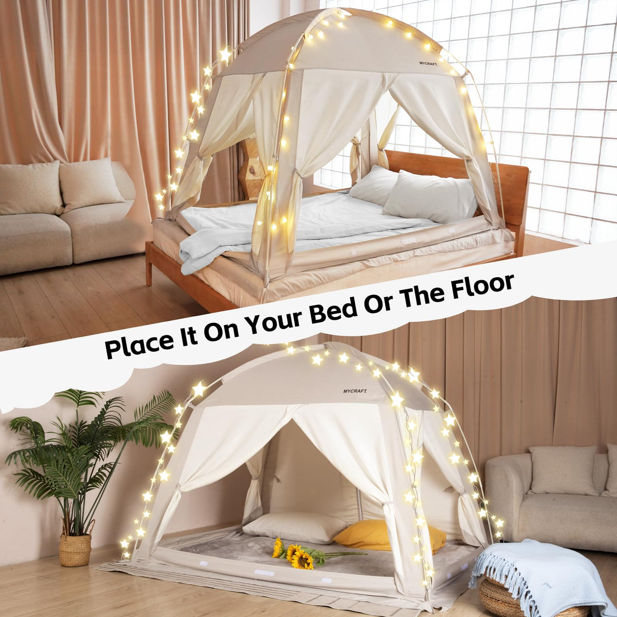 Full Size Bed Tents Canopy Bed–Privacy Dream Tent for Cozy Indoor Sleeping, Light-Reducing,and Breathable, with 4 Doors Floor Tent Bed