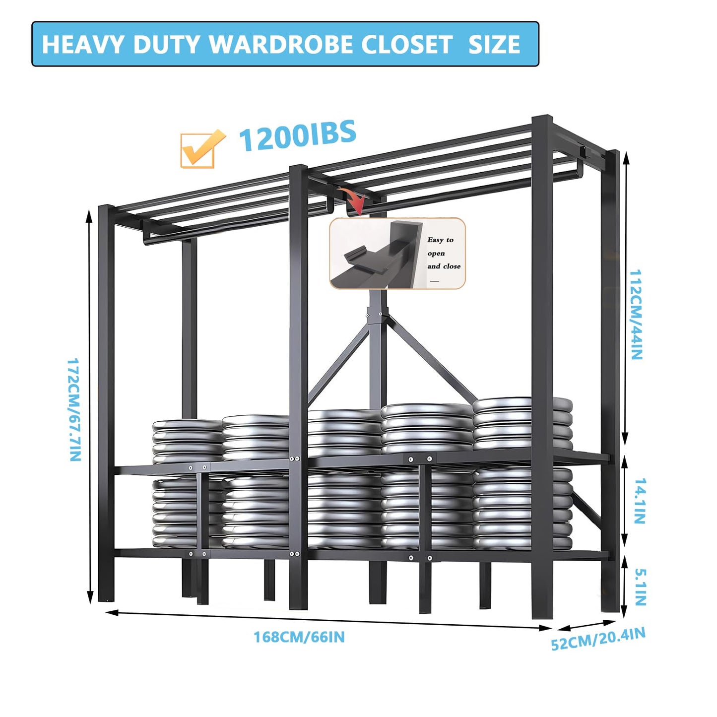FKKPRVAX Heavy Duty Portable Closet with Cover 1200Ibs Foldable Covered Clothes Rack for Hanging Armoire Wardrobe Closet System Freestanding Coat Storage Garment Racks (168cm/66in(Hazy Gray))