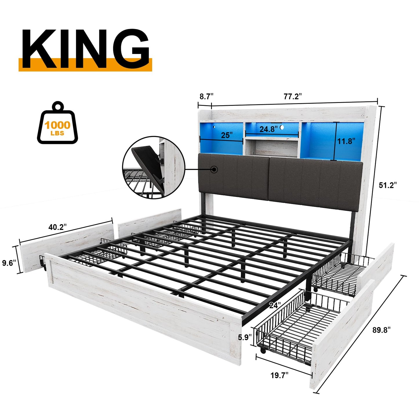 YUMPIE King Bed Frame with Bookcase Headboard, Farmhouse Upholstered Platform Bed with 4 Storage Drawers, LED Bed with Charging Station, Wood Slats Support, No Box Spring Needed, Distressed White