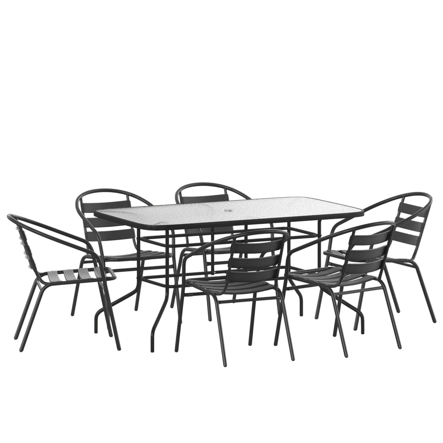 EMMA + OLIVER Patio Table & Chairs Set - Rectangular Metal Table with Tempered Glass Top - 6 Black Aluminum Stacking Chairs - All Weather for Indoor/Outdoor Use