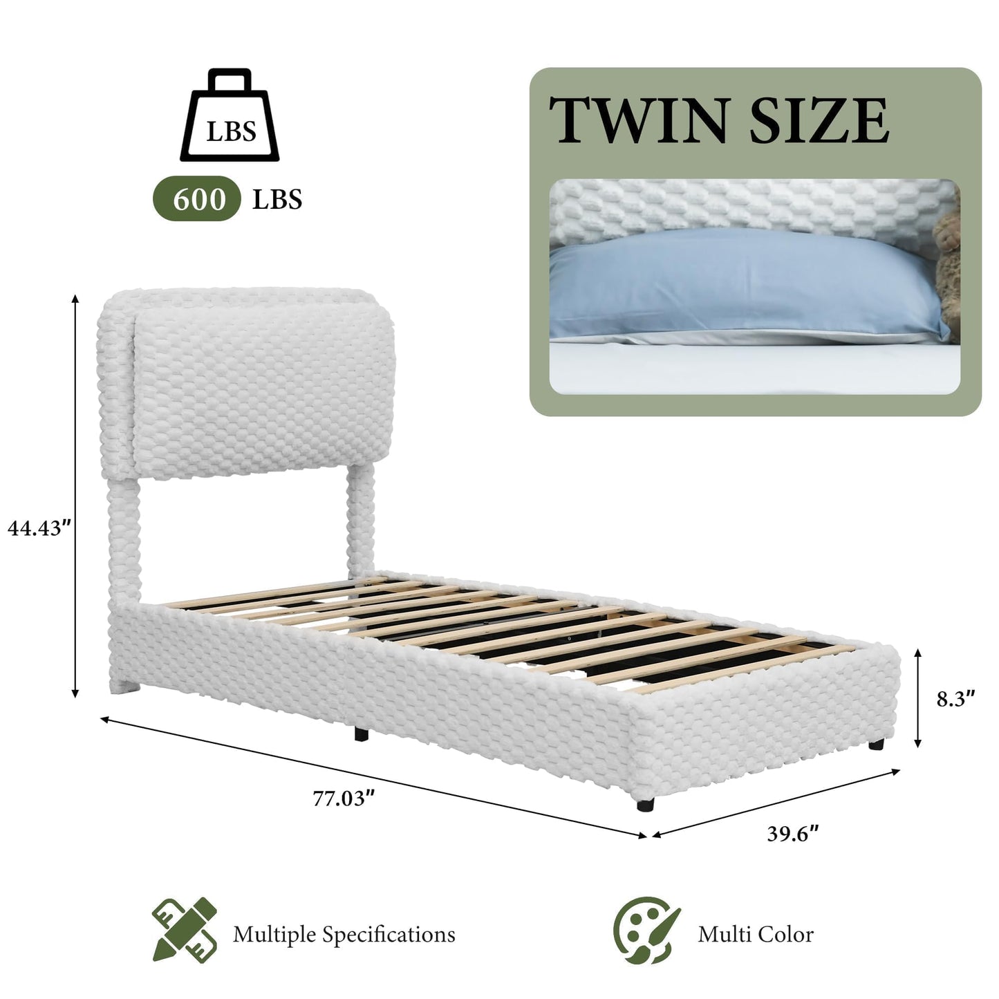 REVOMINCA Twin Bed Frame with Headboard, Twin Size Corduroy Upholstered Platform Bed Frame with Soft Headboard, Wooden Slats Support, No Box Spring Needed, Easy Assembly, White