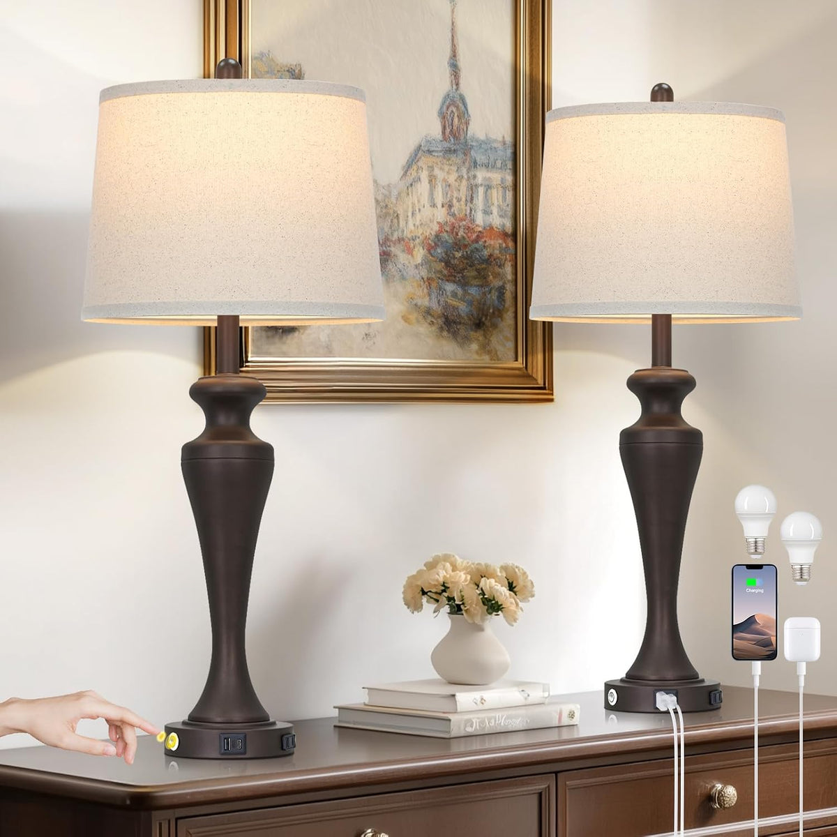 30" Brown Touch Table Lamps Set of 2, 3-Way Bedside Lamp with USB A+C Ports and AC Outlet, Tall Living Room Lamps for End Table, Modern Metal Bedroom Lamp for Night Stand