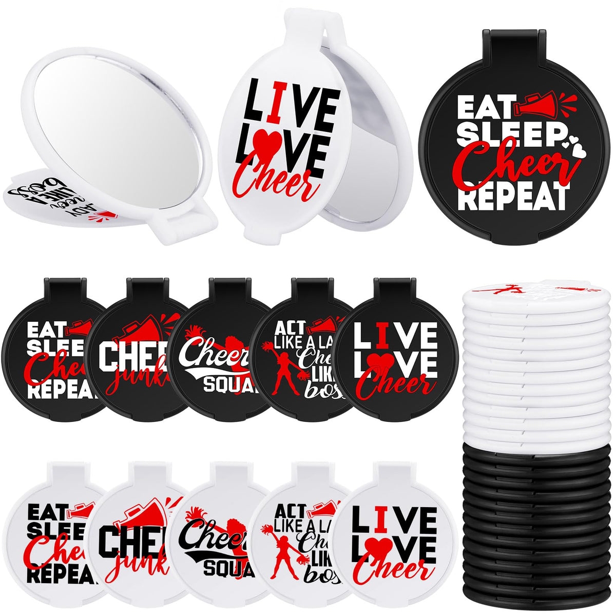Wenqik 50 Pcs Cheerleader Mirror Gifts Cheerleading Compact Mirror Bulk Folding Pocket Mirror Cheer Party Favors for Team(Red Cheer)