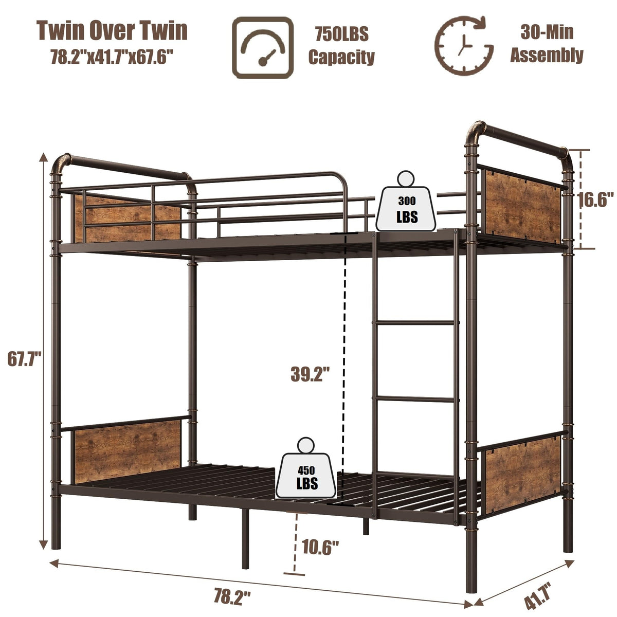 GAOMON Bunk Bed Twin Over Twin,Metal Bunkbeds with Ladders & 16.6" Safety Guardrail,Twin Bunk Beds for Kids,Adults and Small Spaces,No Box Spring Needed,Brown